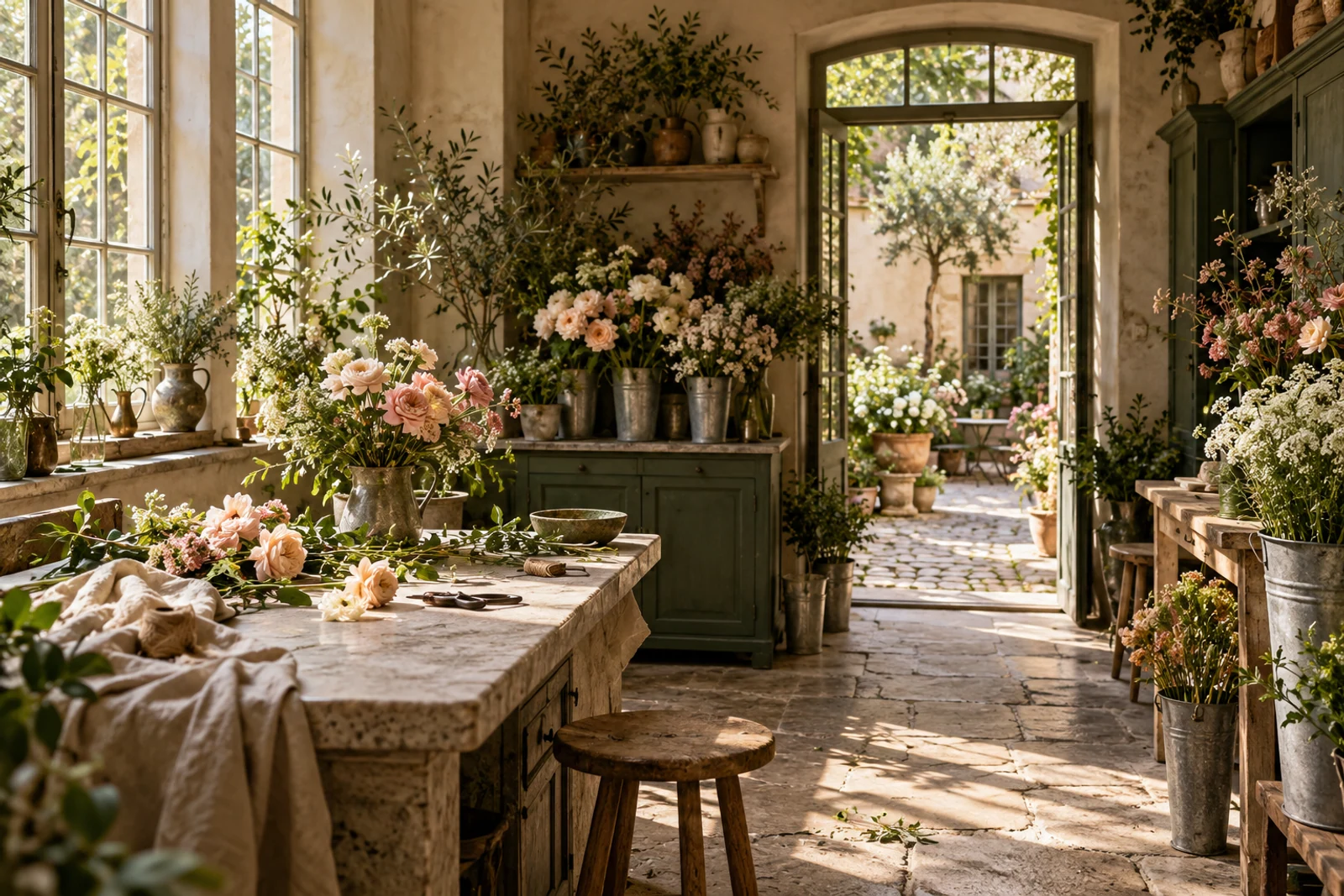 Ein kleines helles Blumenatelier mit Werkbank, Blüten und grünem Schrank