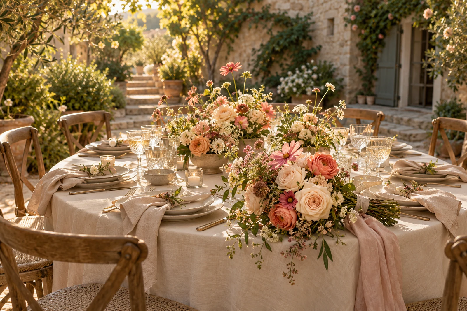 Intime Hochzeitstafel mit natürlichen Gartenblumen